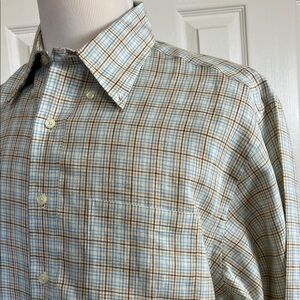 Brooks Brothers Irish Linen Blue and Brown Plaid Casual Shirt Sz L